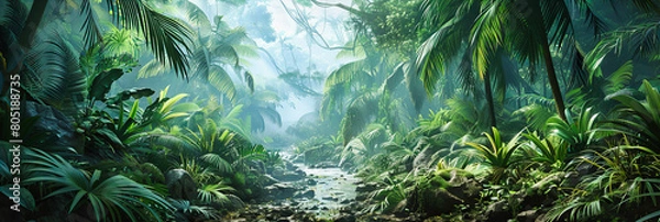 Fototapeta Dense tropical jungle under morning sunlight, lush greenery and mist creating a mystical ambiance