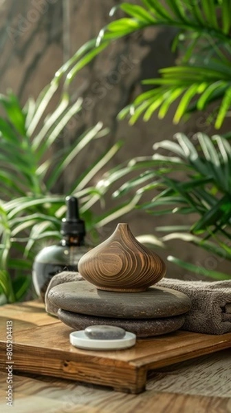 Fototapeta An aromatherapy oil set with a stone diffuser placed on a wooden table in a serene spa environment, surrounded by soft towels and calming green plants