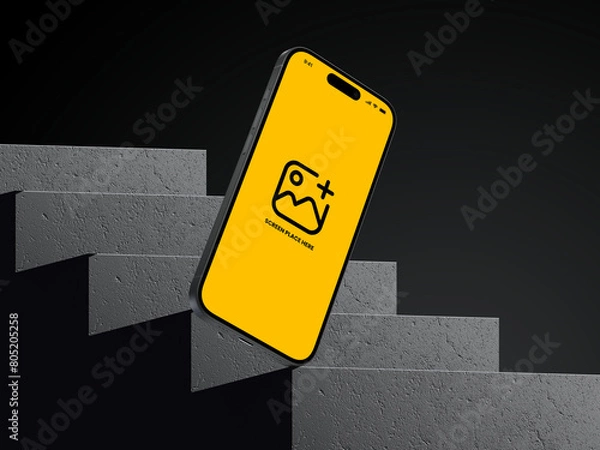 Fototapeta 3d mockup of a smart phone with yellow color in the screen of it , illustrated background 