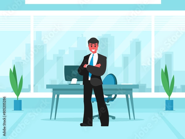 Fototapeta Illustration of a man standing in the office with rolled arms , illustrated blue and white background
