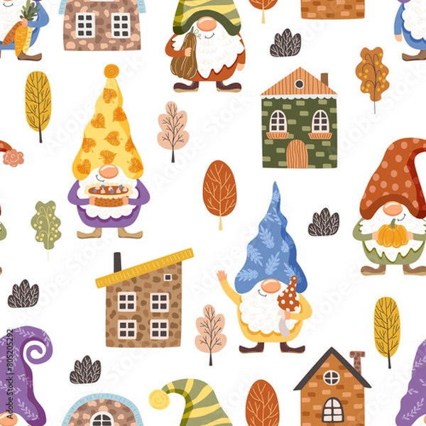 Fototapeta seamless pattern of cute gnomes along with houses , illustrated background 