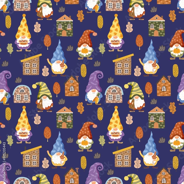 Fototapeta Cheerful gnomes in an autumn setting. Illustration in vector format. Seamless pattern.