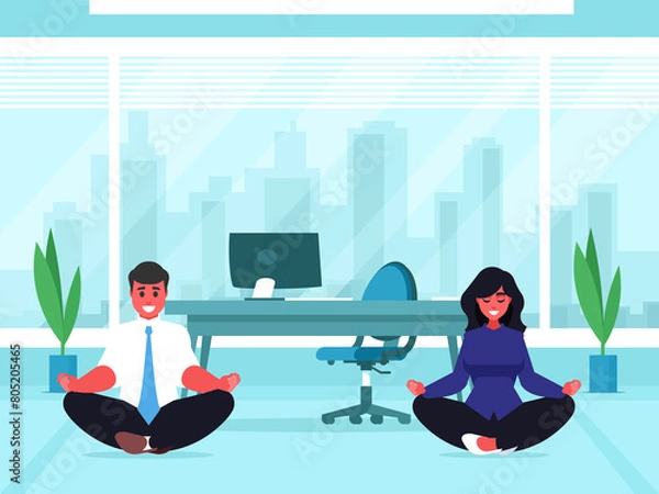 Fototapeta An illustration depicting a man and a woman practicing yoga in an office setting. They are shown in yoga poses, surrounded by office furniture and equipment