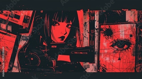 Fototapeta Cool grungy y2k anime manga collage set with a negative photocopy effect . Rough brutal elements for 90s vintage design. Ai generation.