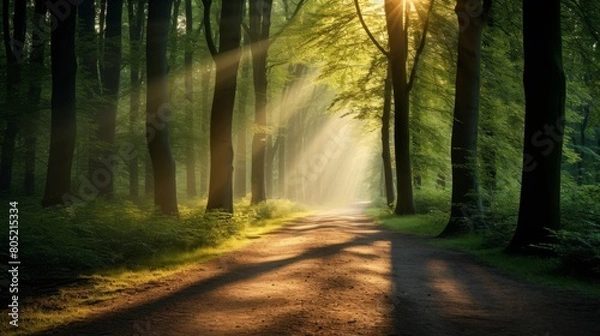Fototapeta Magical summer scenery in a dreamy forest, with rays of sunlight beautifully illuminating the wafts of mist and painting stunning colors into the trees. High quality photo