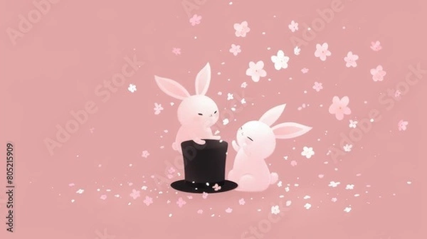 Obraz   Two rabbits seated on a black hat against a pink backdrop