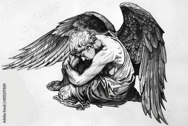 Fototapeta A beautiful black and white drawing of an angel. Perfect for religious or spiritual themes