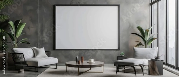 Fototapeta A 3D Mockup frame enhances the minimalist modern interior with its sleek design, 3D render sharpen