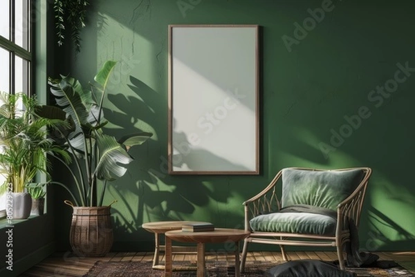 Fototapeta In a cozy home setting, a 3D Mockup frame complements the Mockup poster frame, enhancing the visual depth, 3D render sharpen