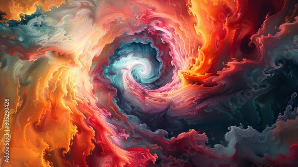 Fototapeta An abstract painting illustrating the concept of overthinking through a chaotic mix of colors and shapes.