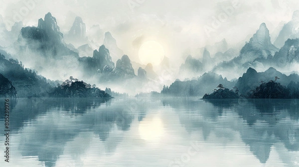 Fototapeta 水墨画風の山々の風景イラスト