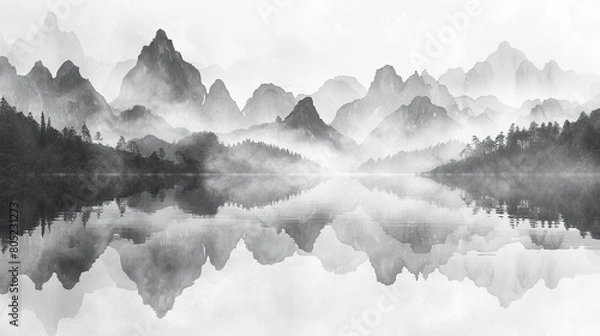 Obraz 水墨画風の山々の風景イラスト