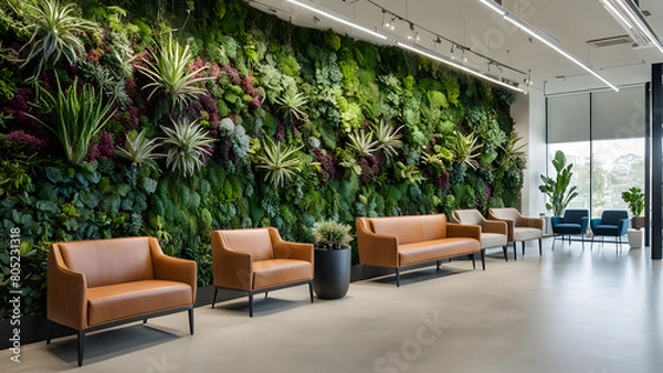Fototapeta Interior of a modern office building with leather armchairs and plants.