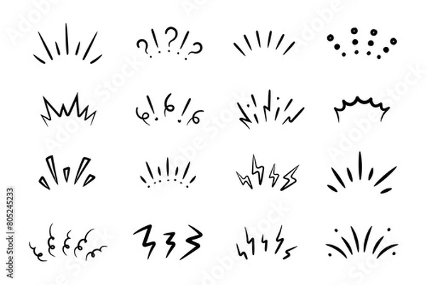 Fototapeta Set of doodle brush signs inspiration, surprise, attention, question, shock, concentration. Sketch stroke lines.
