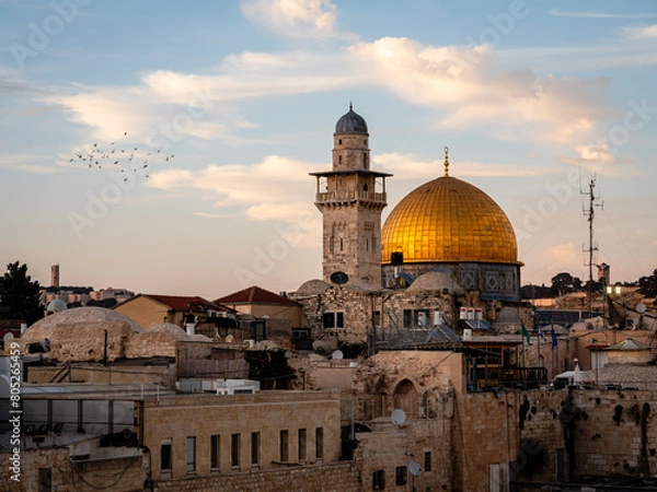 Fototapeta Birds flying around the dome of the Rock at sunset