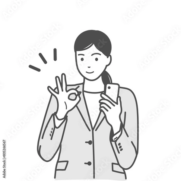 Obraz スマホを片手に持ちオーケーポーズをするスーツ姿の笑顔の女性のベクターイラスト素材　モノクロ、白バック、背景なし	