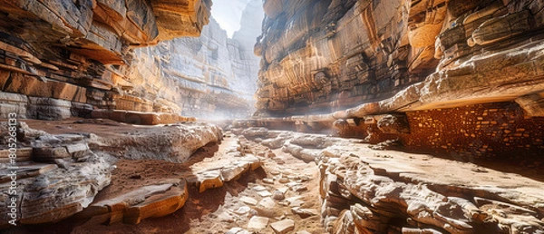 Obraz Narrow canyon path leading through ancient rock formations, a journey through the geological history of Petra