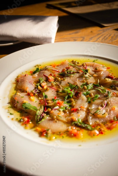 Fototapeta A delicious trout dish. The view from above. Soft focus. 