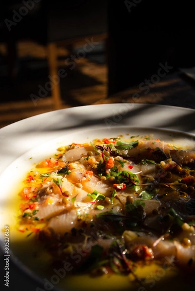 Fototapeta A delicious trout dish. The view from above. Trout soup.