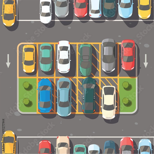 Fototapeta Topdown view colorful parked cars parking lot, outdoor parking spaces, driving lanes. Birdseye city illustration, vector cars rows, asphalt surface, greenery. Cartoonstyle vehicles image, traffic