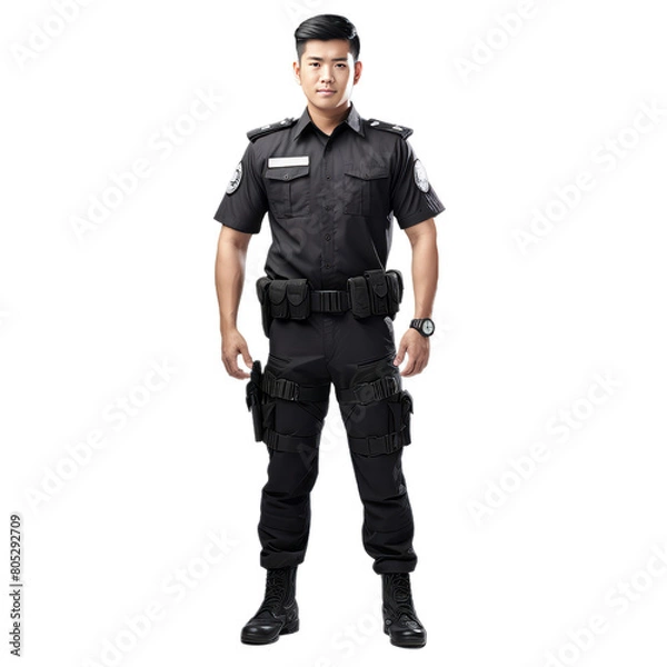 Obraz Full body asian policeman standing and looking at camera isolated on transparent background, PNG file.