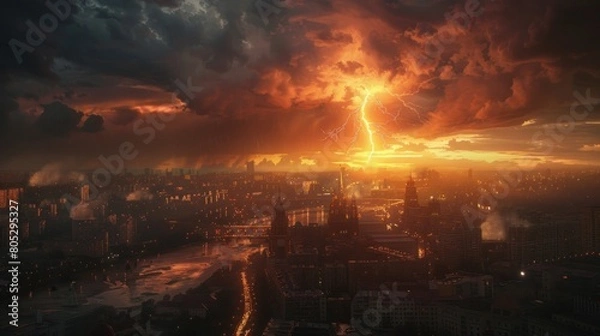 Fototapeta A landscape in the style of studio depicting a bright lightning bolt against a dark sky. the city center rages below