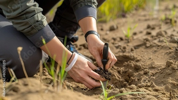Fototapeta Environmental science fieldwork, researcher collecting soil samples, close-up on hands and tools 