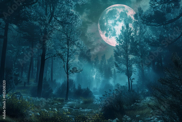 Obraz A forest iluminated by the moon. Generative AI