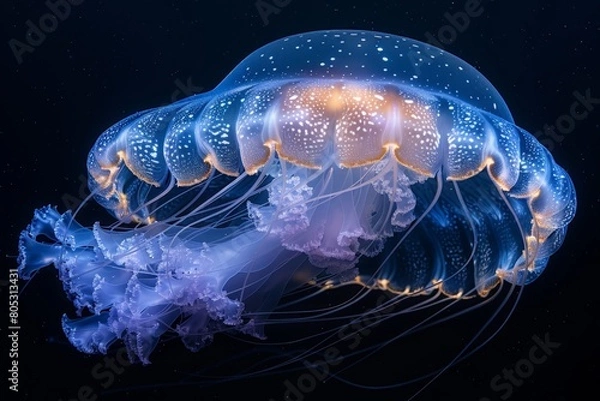 Fototapeta This image features a detailed single blue jellyfish illuminated, highlighting its intricate patterns and tentacle structure