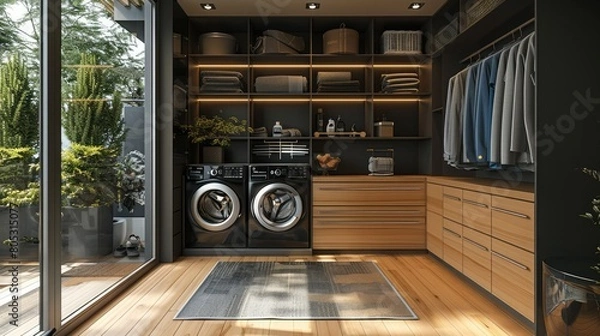 Obraz Laundry room in the style of modern industrial mixed with minimalism. Black and light wood. The washer and dryer next to each other, embedded in closet. Generative AI.