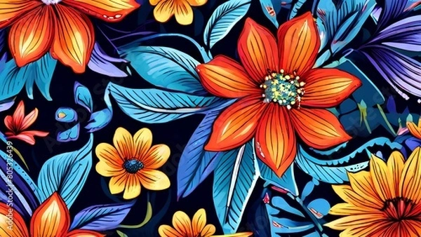 Fototapeta AI Illustration of Floral delight creating a vibrant floral pattern with bold blossoms