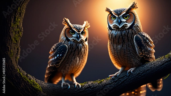 Fototapeta An owl waits in the darkness of the night on a tree to hunt. The sun is setting in the background and a dim light shines between light and dark