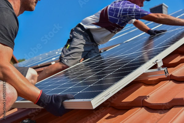 Obraz Dachdecker beim Aufbau einer Photovoltaikanlage auf einem neu gedeckten Ziegeldach: Verschraubung der Solarmodule an den Endklemmen des Schienensystems am Dachrand