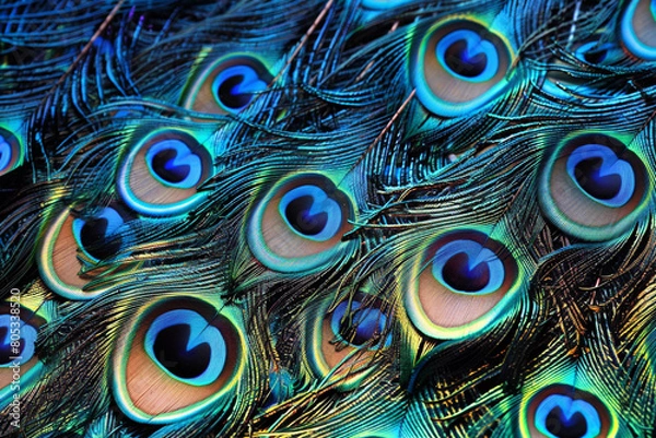 Fototapeta A vibrant and exotic background featuring a peacock feather pattern with rich blues and greens, highlighted by natural iridescence.