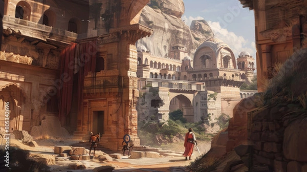 Fototapeta Ancient cityscape with warriors and large stone buildings. Digital art of fantasy architecture. Historical adventure concept for design and poster. Epic landscape scene
