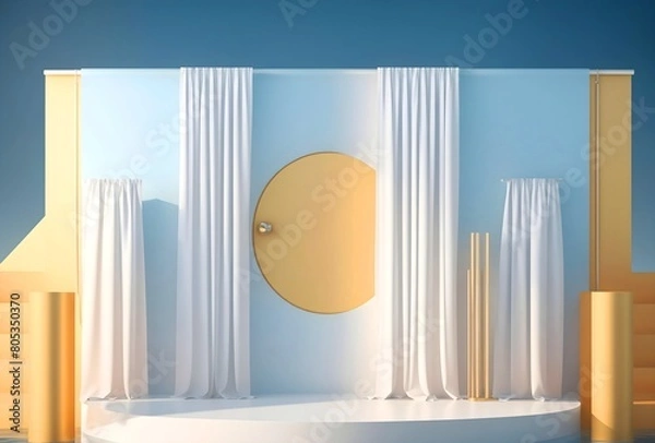 Fototapeta Pedestal, steps and shelf. Stand base mockup. 3d render. Podium steps for brand promotion product. Creative background for advertising presentation