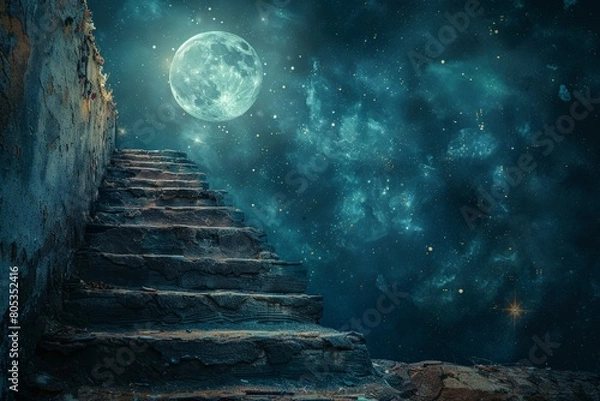 Fototapeta An atmospheric scene featuring moonlit ancient stairs leading into a starry night sky, evoking a mysterious journey