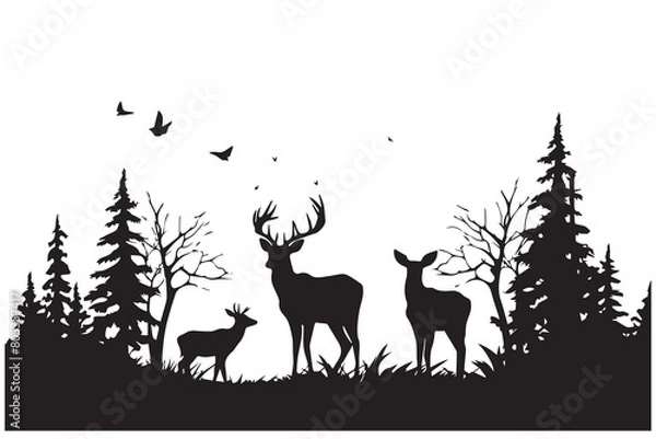 Fototapeta Black silhouette Vector forest and sum deer and bird white background
