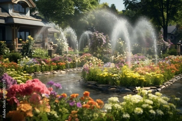 Fototapeta Automated Sprinklers garden. Spray wet irrigation. Generate Ai