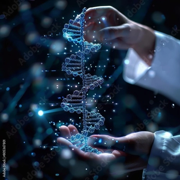 Fototapeta Abstract luminous DNA molecule Hand of doctor touching and cut dna for checking with analysis chromosome DNA genetic of human on virtual interface Medicine