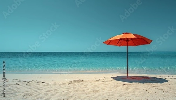 Fototapeta Lone beach umbrella against a pristine white sand background, minimalist style