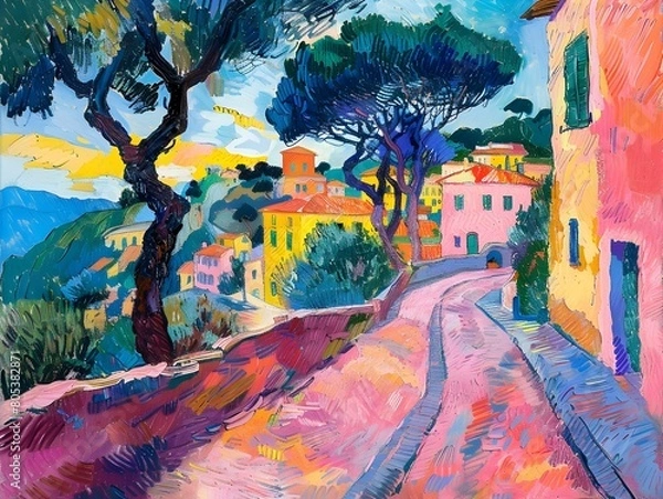 Fototapeta Vibrant Fauvist Landscape of a Mediterranean Village with Colorful Houses and Trees on a Winding Path