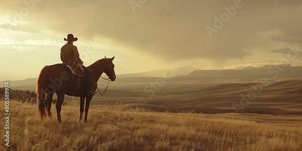 Fototapeta Wild West concept. Full length portrait of a cowboy riding his bay horse. Vast view to prairie with mountains. Evening time. Text space. Cinematic retro, vintage style.  Outdoor shot