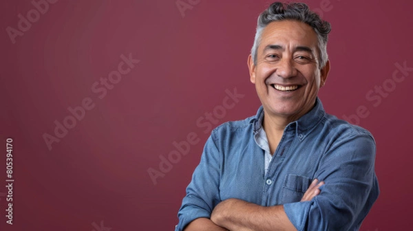 Fototapeta A man with a blue shirt and gray hair is smiling and posing for a picture