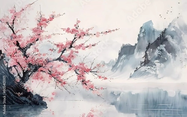 Fototapeta Misty mountains with gentle slopes and flocks of birds in the sunrise sky. Very beautiful traditional ink painting	