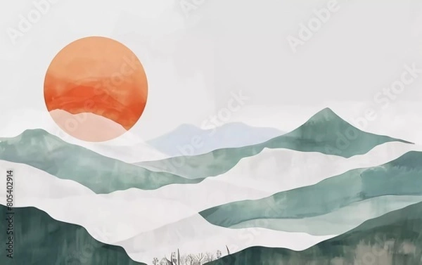 Fototapeta Mountain background vector. Minimal landscape art with watercolor brushes and gold line art texture. Abstract art wallpaper for exquisite prints	
