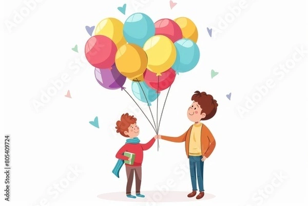 Obraz An illustration depicting a teacher with a big smile receiving a vibrant bouquet of colorful balloons as a gift.
