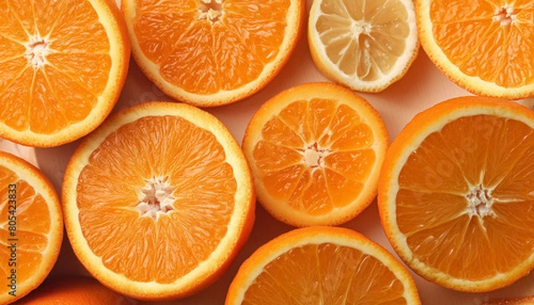 Fototapeta Flat lay of orange citrus fruit texture with slice, Top view of fruits concept background