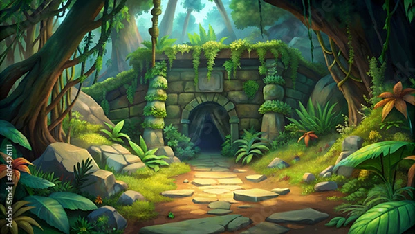 Obraz Dark jungle cave entrance cartoon