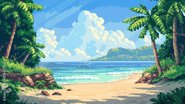 Fototapeta pixel art of sunny beach dungeon background battle scene in RPG old school retro 16 bits, 32 bits game style